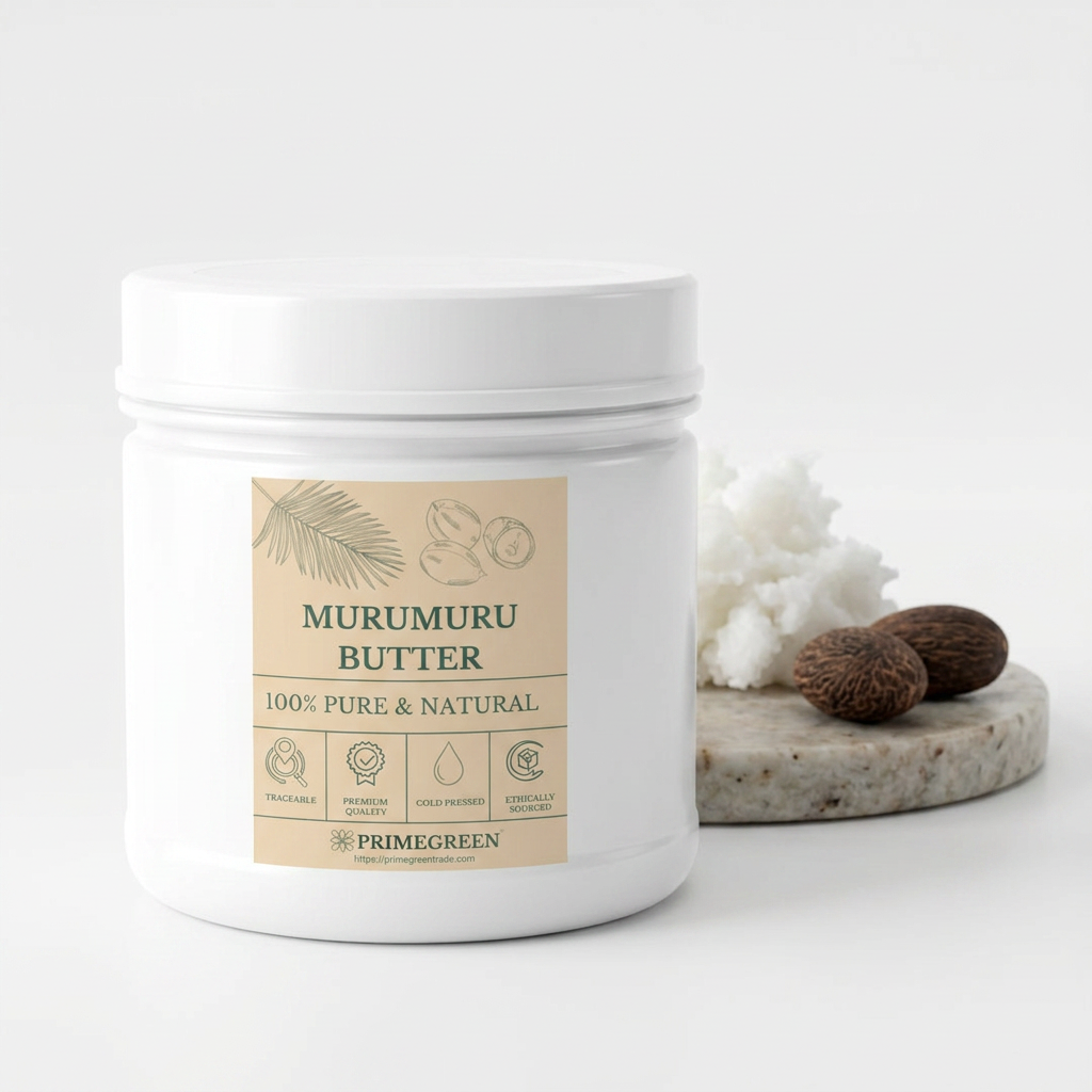 Jar of Murumuru butter with seeds in background