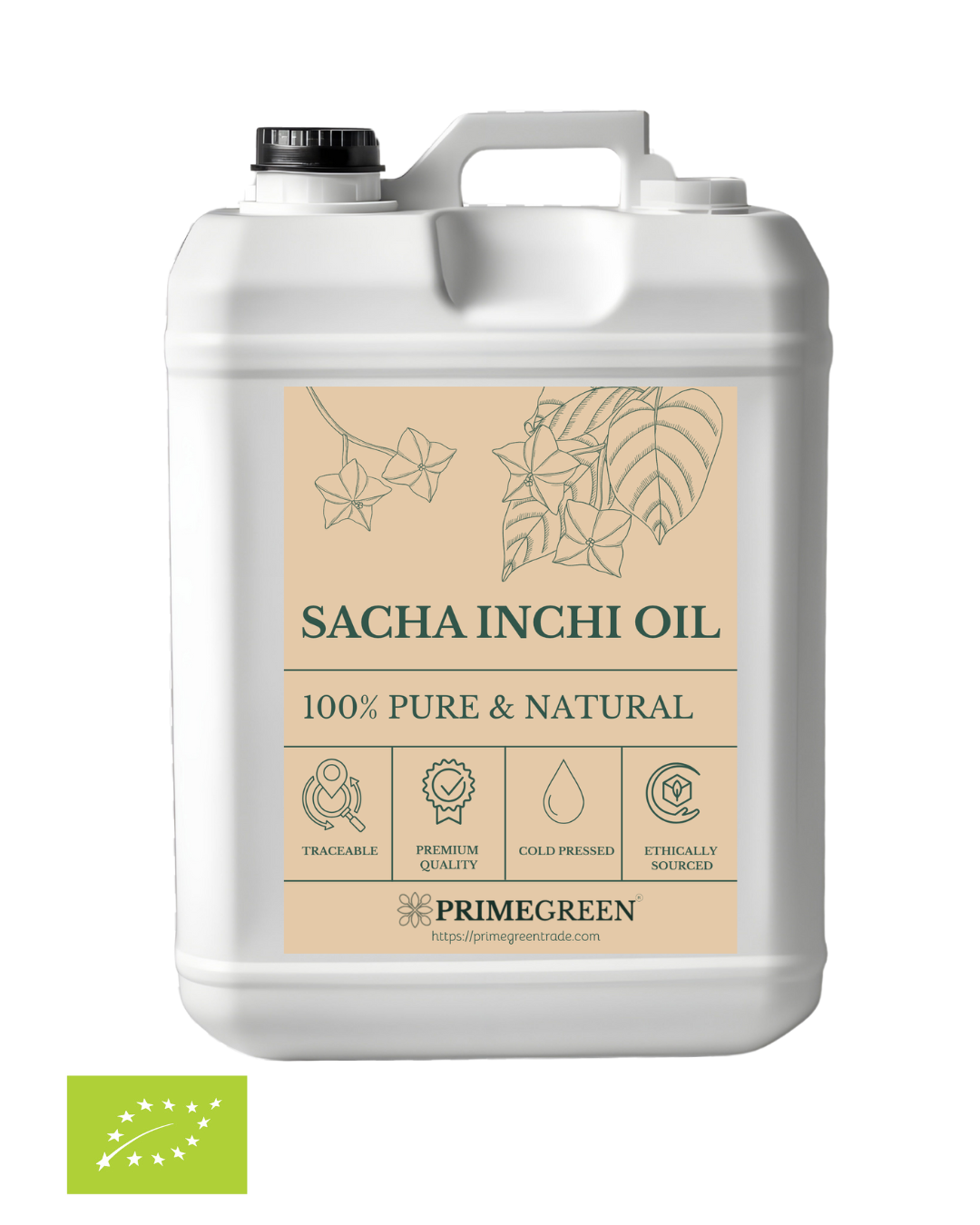 Sacha Inchi oil container with Primegreen branding on a white background