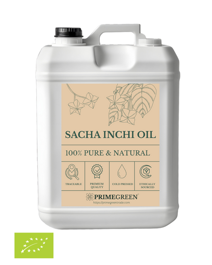 Sacha Inchi oil container with Primegreen branding on a white background